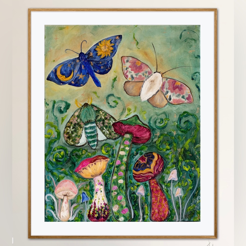 Gypsy Moths Mushrooms Art Print Oil Painting Colorful Whimsical fantasy nature - Picture 1 of 7